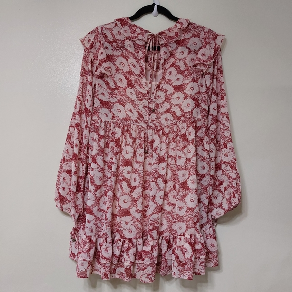 Free People These Dreams Red Floral Print Pleated Long Sleeve Mini Dress Size XS - Picture 8 of 16